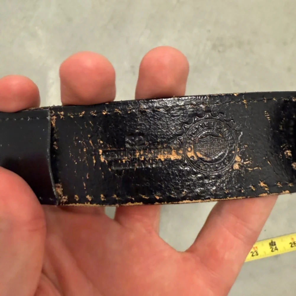 Harley Davidson Mens Vintage 1998 Flame Buckle Leather Money Belt Black Size 32